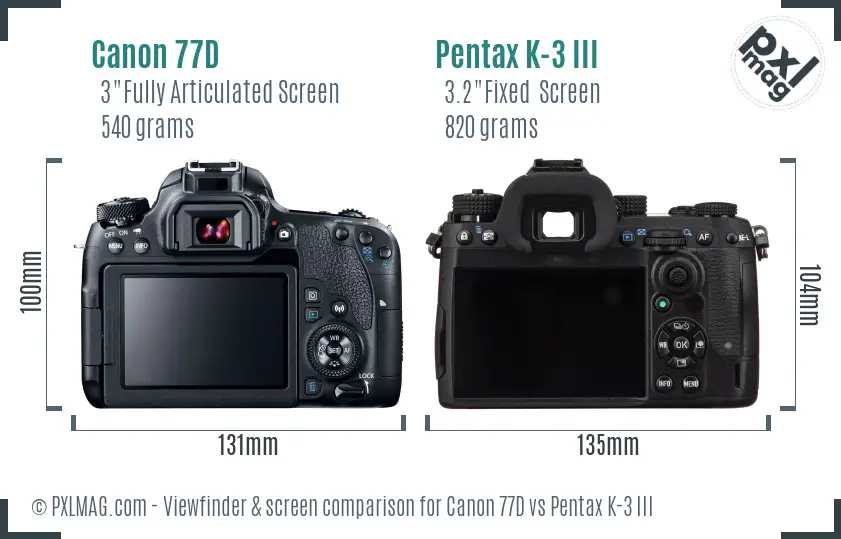 Canon 77D vs Pentax K-3 III Screen and Viewfinder comparison