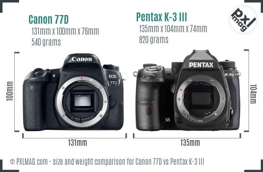 Canon 77D vs Pentax K-3 III size comparison