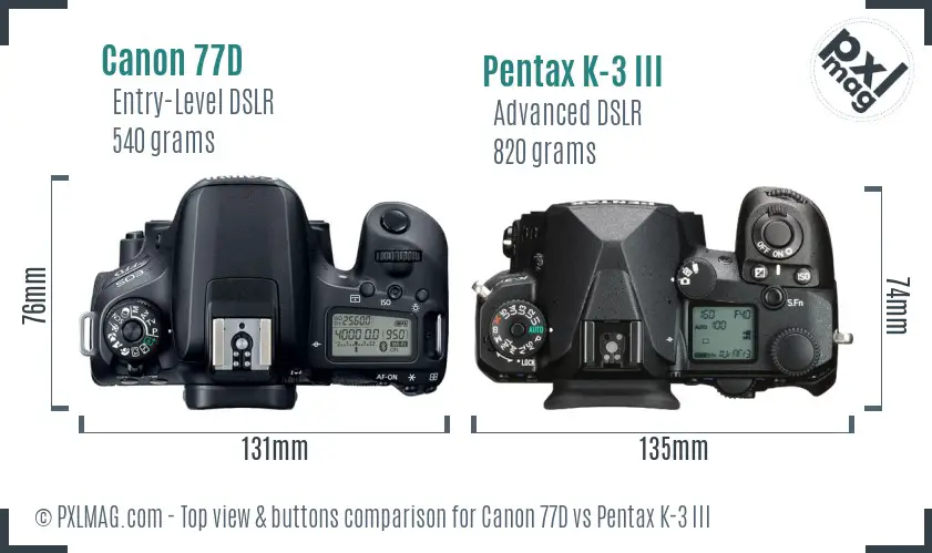 Canon 77D vs Pentax K-3 III top view buttons comparison