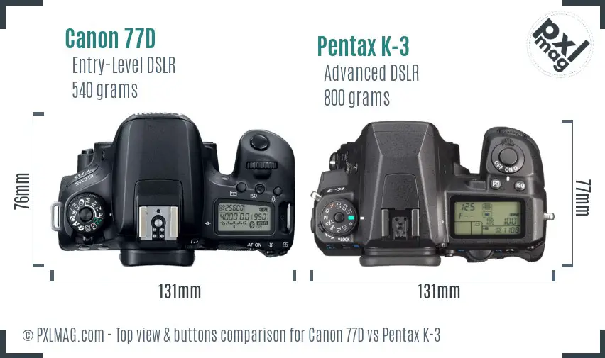 Canon 77D vs Pentax K-3 top view buttons comparison