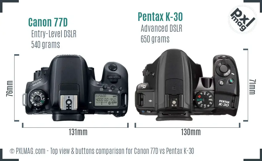 Canon 77D vs Pentax K-30 top view buttons comparison