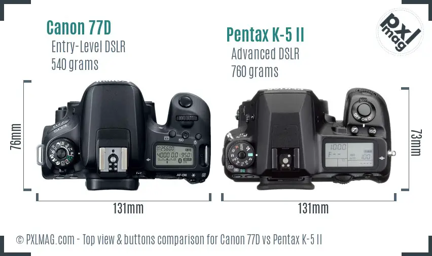 Canon 77D vs Pentax K-5 II top view buttons comparison