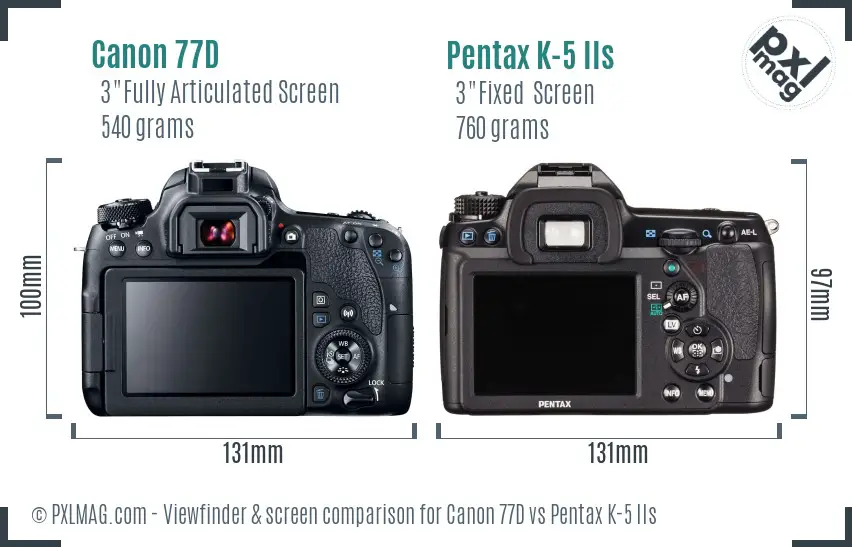 Canon 77D vs Pentax K-5 IIs Screen and Viewfinder comparison