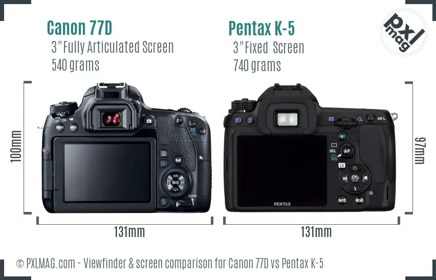 Canon 77D vs Pentax K-5 Screen and Viewfinder comparison