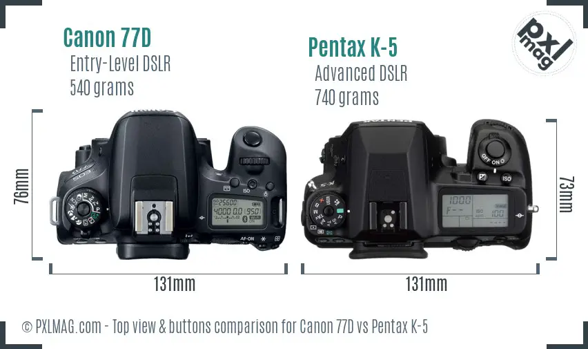 Canon 77D vs Pentax K-5 top view buttons comparison