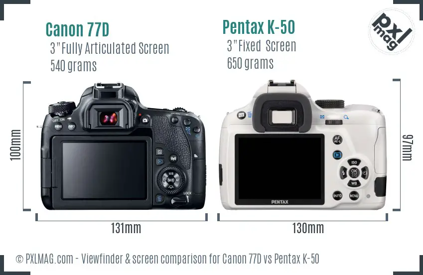 Canon 77D vs Pentax K-50 Screen and Viewfinder comparison
