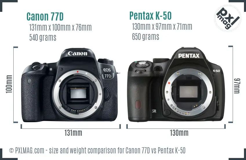 Canon 77D vs Pentax K-50 size comparison