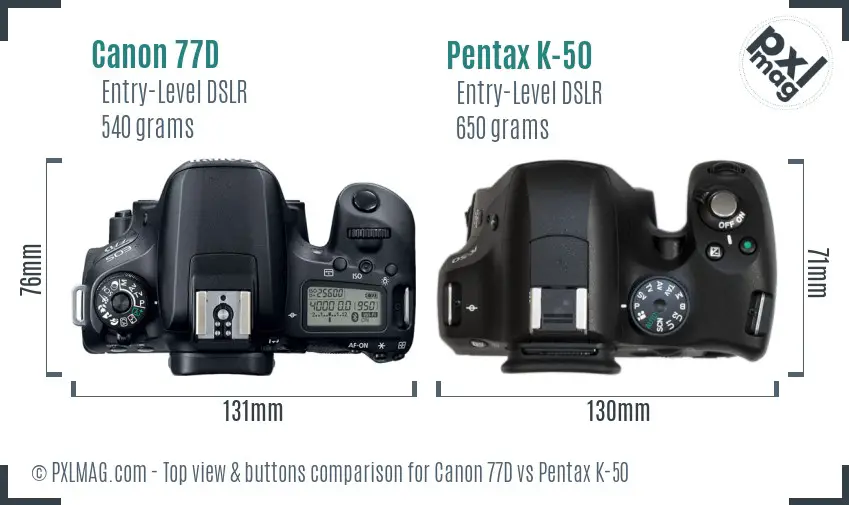 Canon 77D vs Pentax K-50 top view buttons comparison