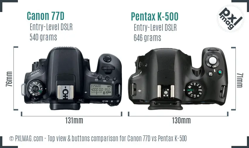 Canon 77D vs Pentax K-500 top view buttons comparison