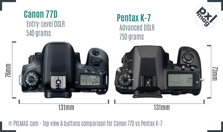 Canon 77D vs Pentax K-7 top view buttons comparison Canon 77D vs Pentax K-7 top view buttons comparison
