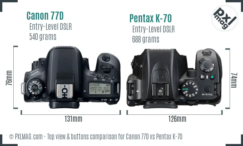 Canon 77D vs Pentax K-70 top view buttons comparison