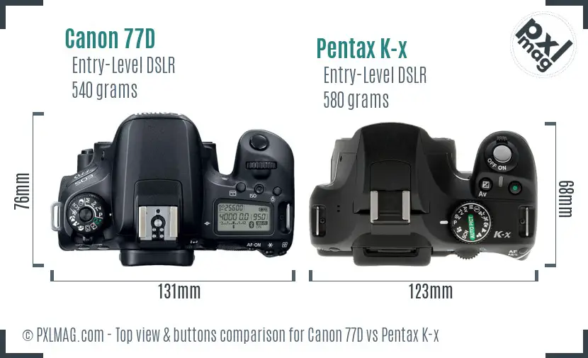 Canon 77D vs Pentax K-x top view buttons comparison