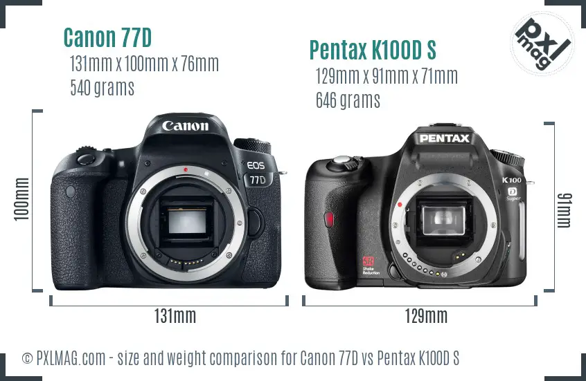 Canon 77D vs Pentax K100D S size comparison