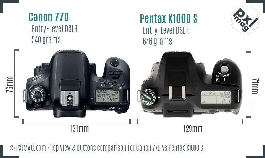 Canon 77D vs Pentax K100D S top view buttons comparison