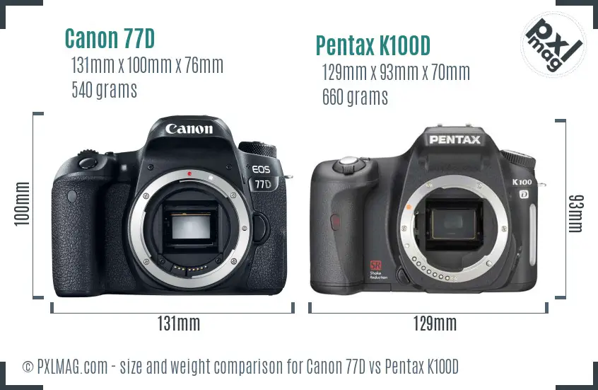 Canon 77D vs Pentax K100D size comparison