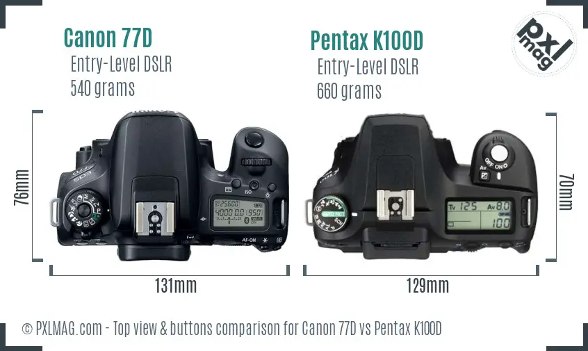 Canon 77D vs Pentax K100D top view buttons comparison