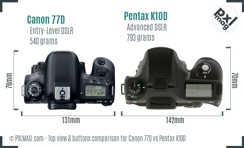 Canon 77D vs Pentax K10D top view buttons comparison Canon 77D vs Pentax K10D top view buttons comparison