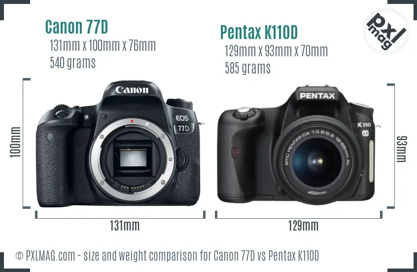 Canon 77D vs Pentax K110D size comparison