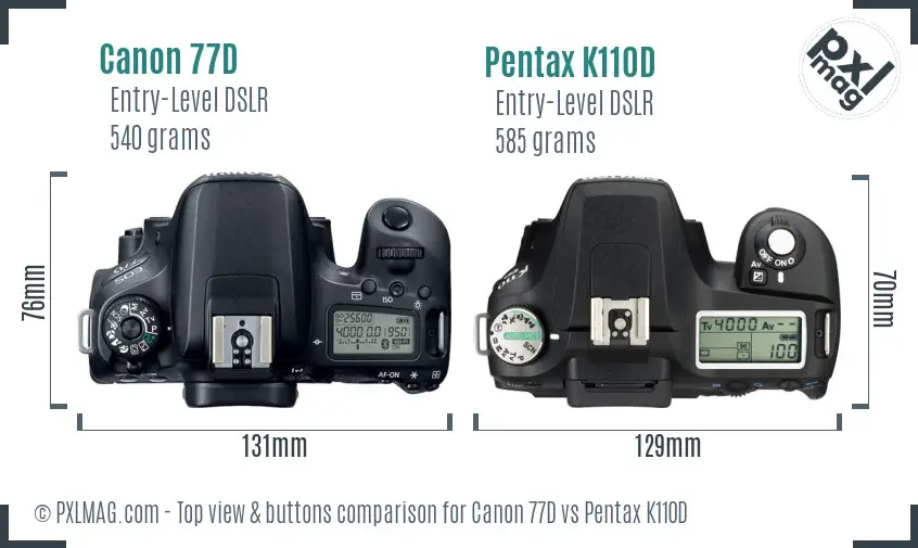 Canon 77D vs Pentax K110D top view buttons comparison