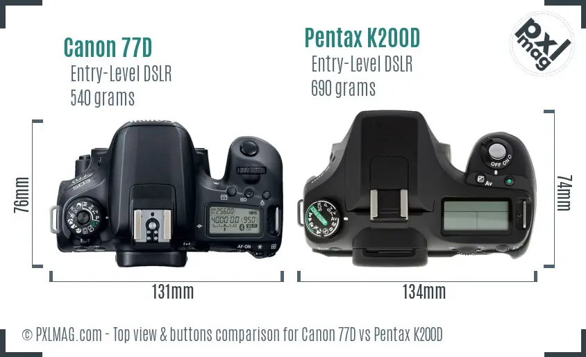 Canon 77D vs Pentax K200D top view buttons comparison