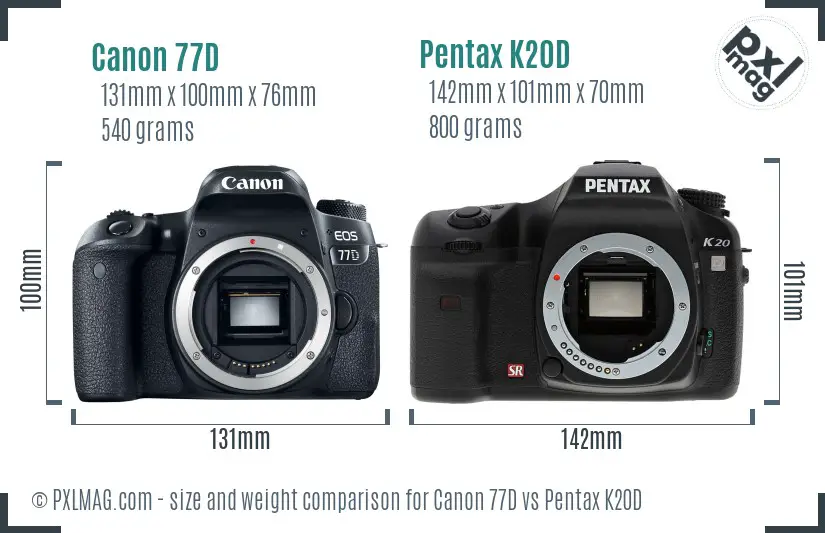 Canon 77D vs Pentax K20D size comparison