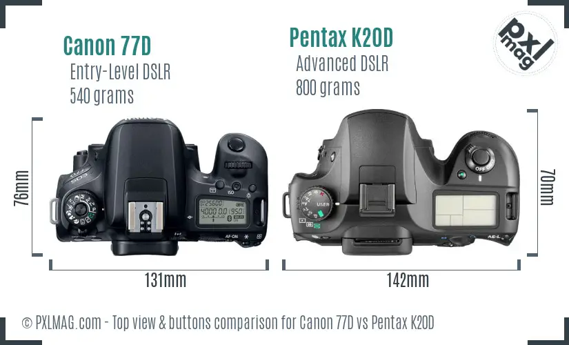 Canon 77D vs Pentax K20D top view buttons comparison