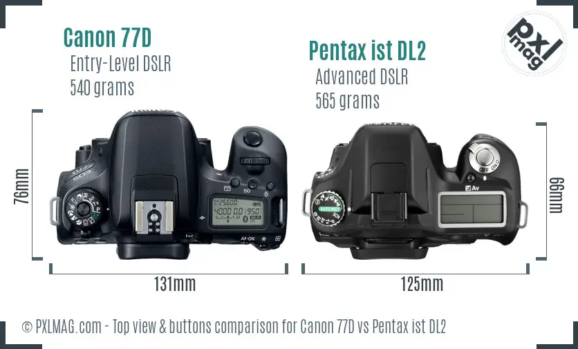 Canon 77D vs Pentax ist DL2 top view buttons comparison