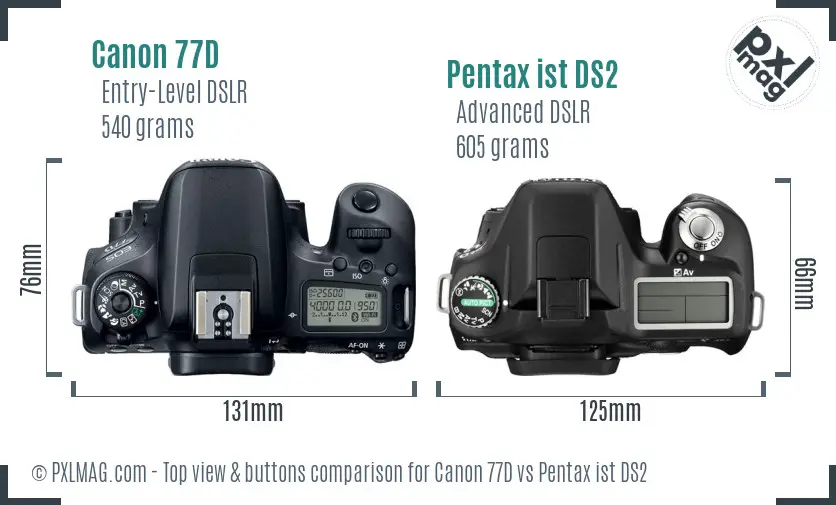 Canon 77D vs Pentax ist DS2 top view buttons comparison