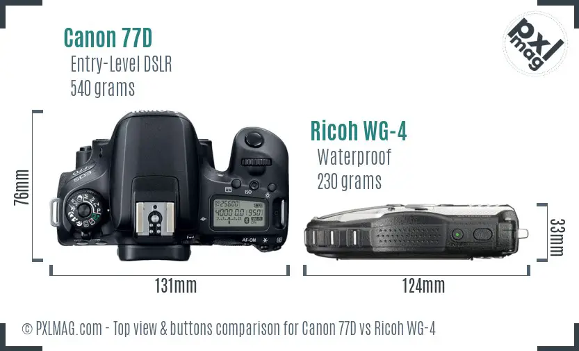 Canon 77D vs Ricoh WG-4 top view buttons comparison
