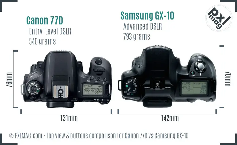 Canon 77D vs Samsung GX-10 top view buttons comparison
