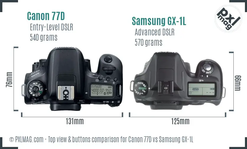 Canon 77D vs Samsung GX-1L top view buttons comparison