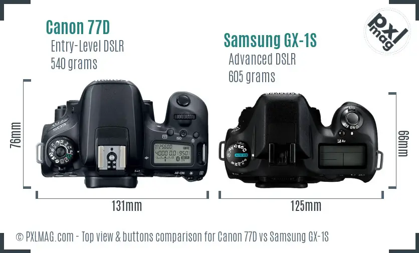 Canon 77D vs Samsung GX-1S top view buttons comparison