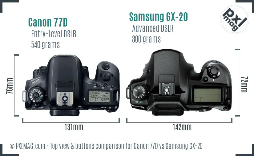 Canon 77D vs Samsung GX-20 top view buttons comparison