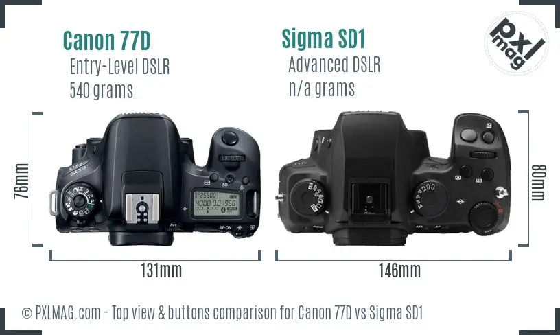 Canon 77D vs Sigma SD1 top view buttons comparison