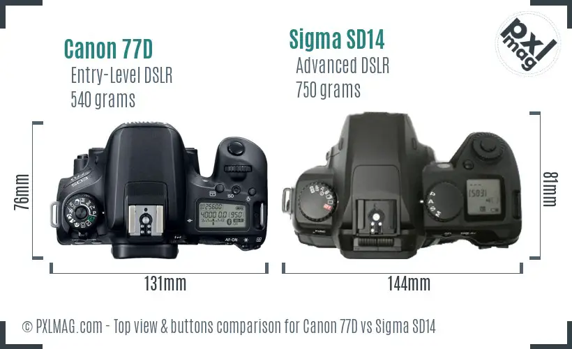 Canon 77D vs Sigma SD14 top view buttons comparison