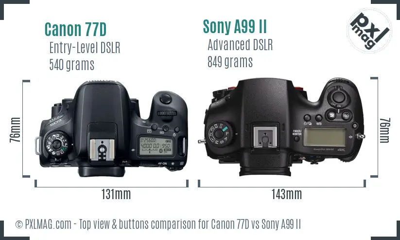 Canon 77D vs Sony A99 II top view buttons comparison