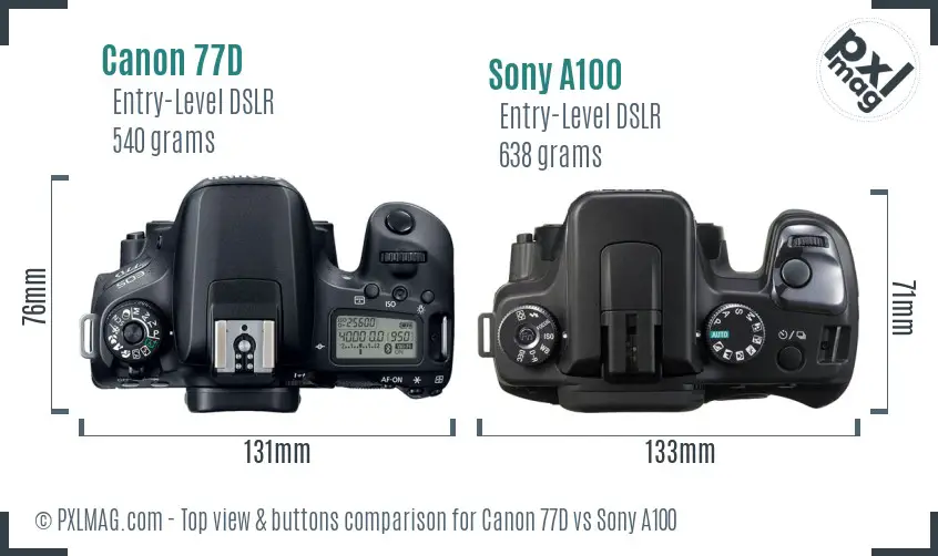 Canon 77D vs Sony A100 top view buttons comparison