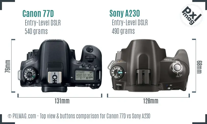 Canon 77D vs Sony A230 top view buttons comparison
