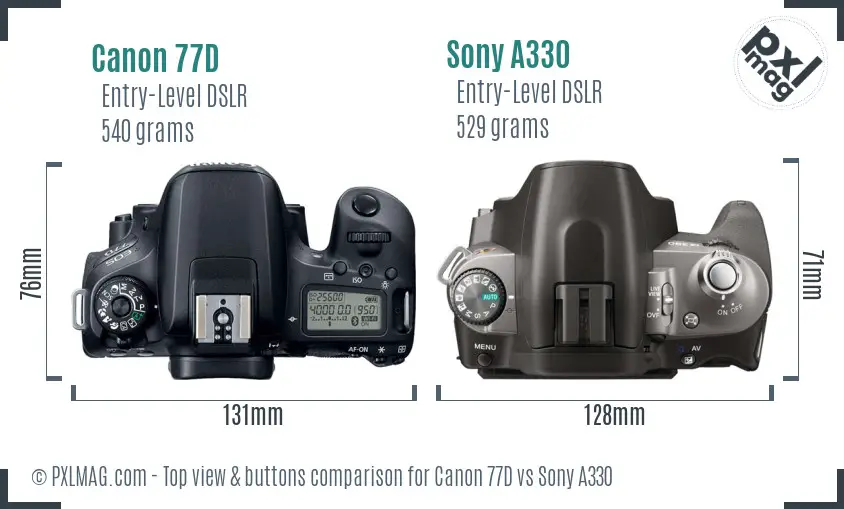 Canon 77D vs Sony A330 top view buttons comparison