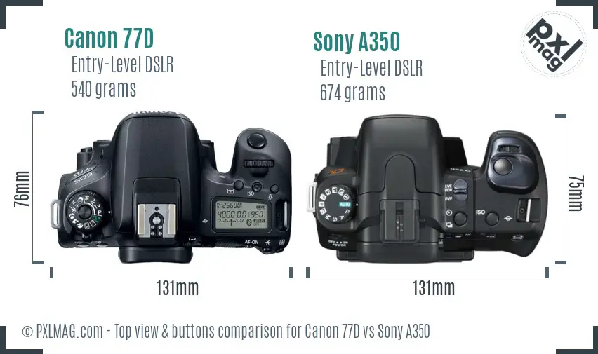 Canon 77D vs Sony A350 top view buttons comparison