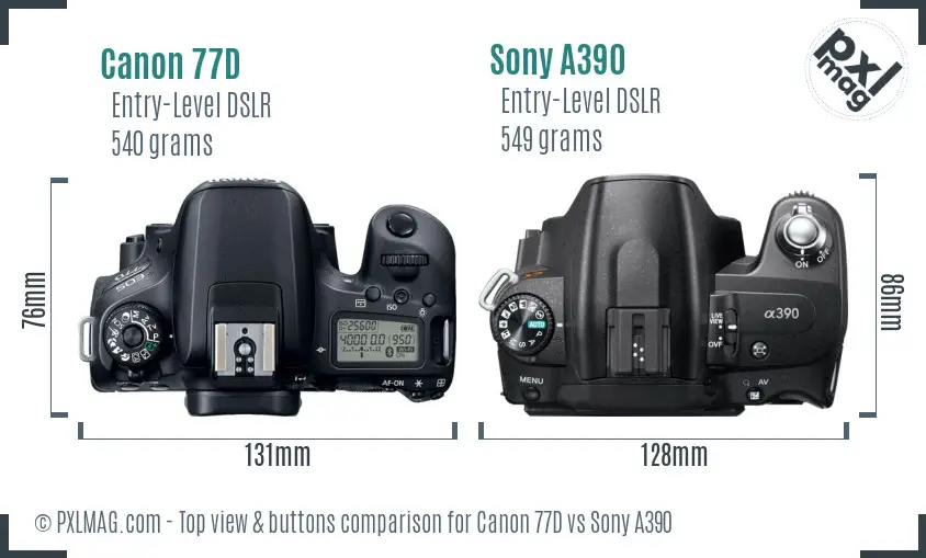 Canon 77D vs Sony A390 top view buttons comparison