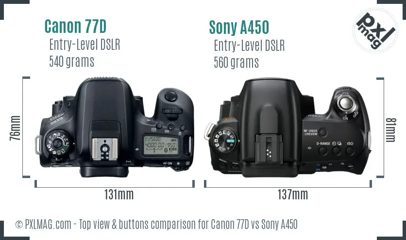 Canon 77D vs Sony A450 top view buttons comparison