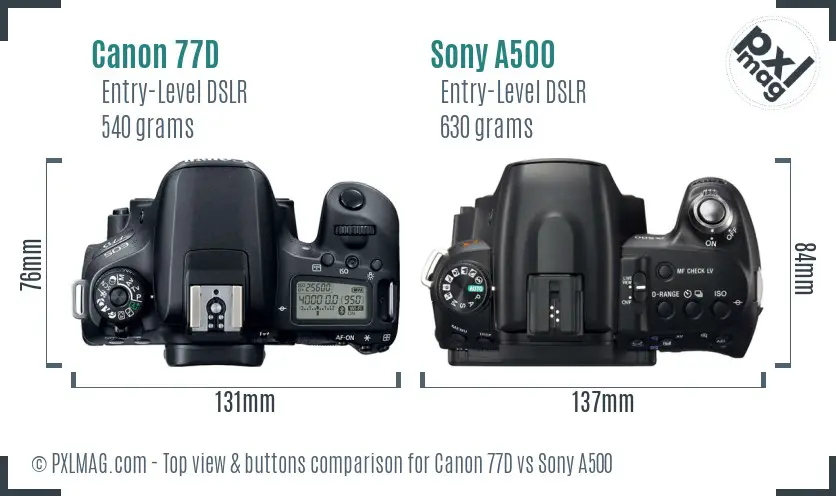 Canon 77D vs Sony A500 top view buttons comparison