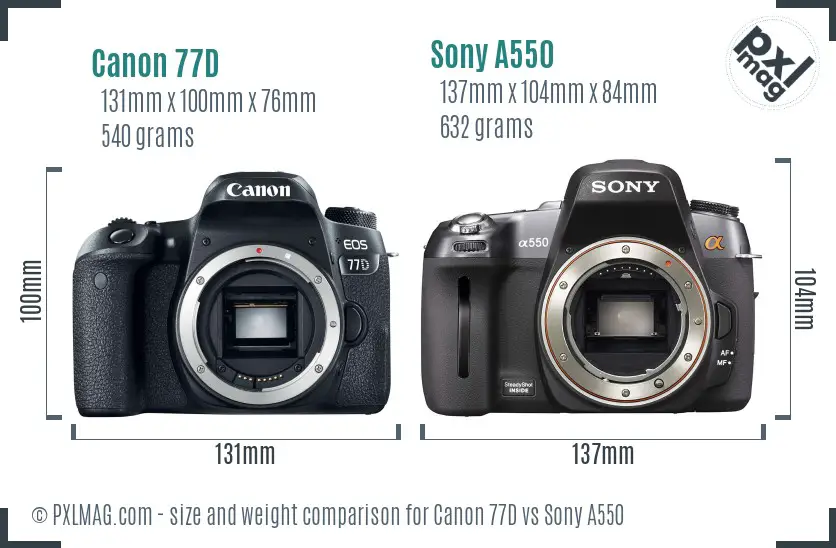 Canon 77D vs Sony A550 size comparison