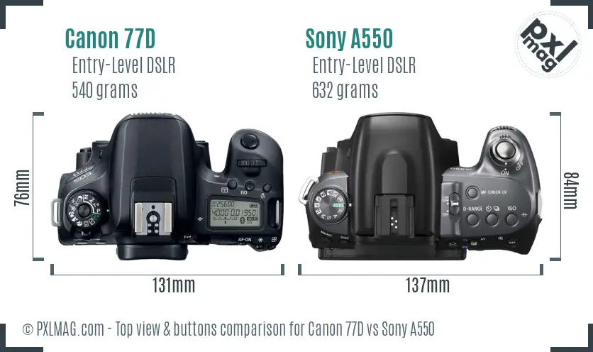 Canon 77D vs Sony A550 top view buttons comparison