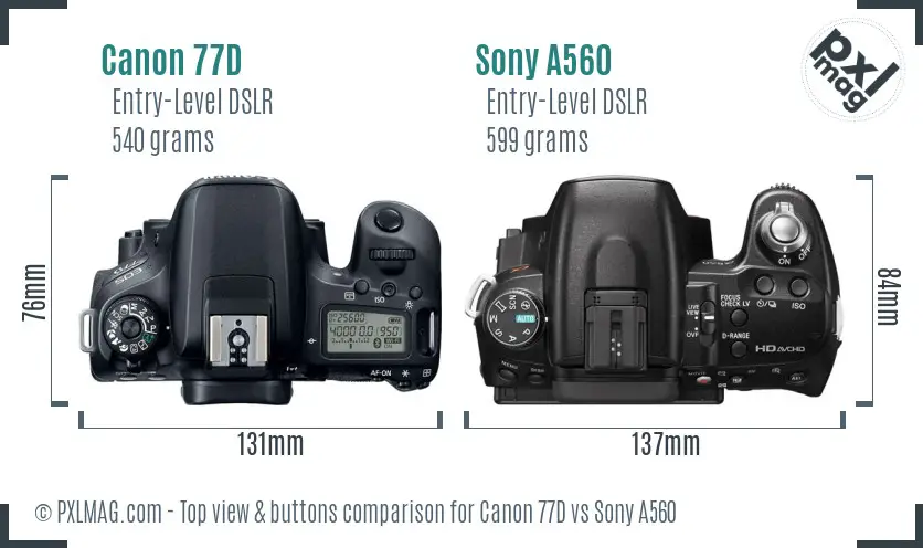 Canon 77D vs Sony A560 top view buttons comparison