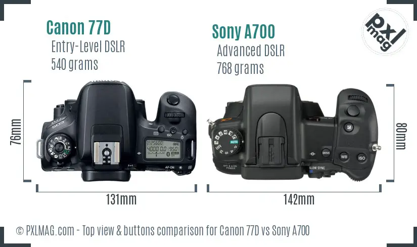 Canon 77D vs Sony A700 top view buttons comparison