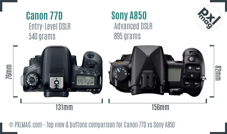 Canon 77D vs Sony A850 top view buttons comparison Canon 77D vs Sony A850 top view buttons comparison