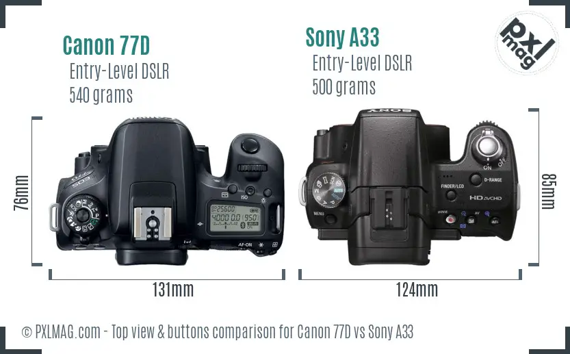 Canon 77D vs Sony A33 top view buttons comparison