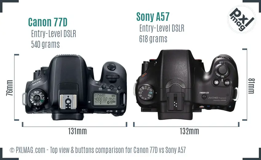 Canon 77D vs Sony A57 top view buttons comparison